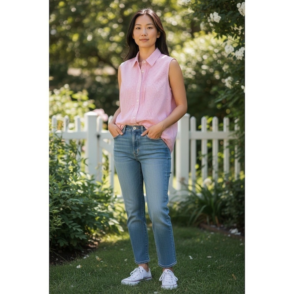 L.L.Bean seersucker Blouse XS Pink & White Striped Sleeveless Collar Tunic shirt